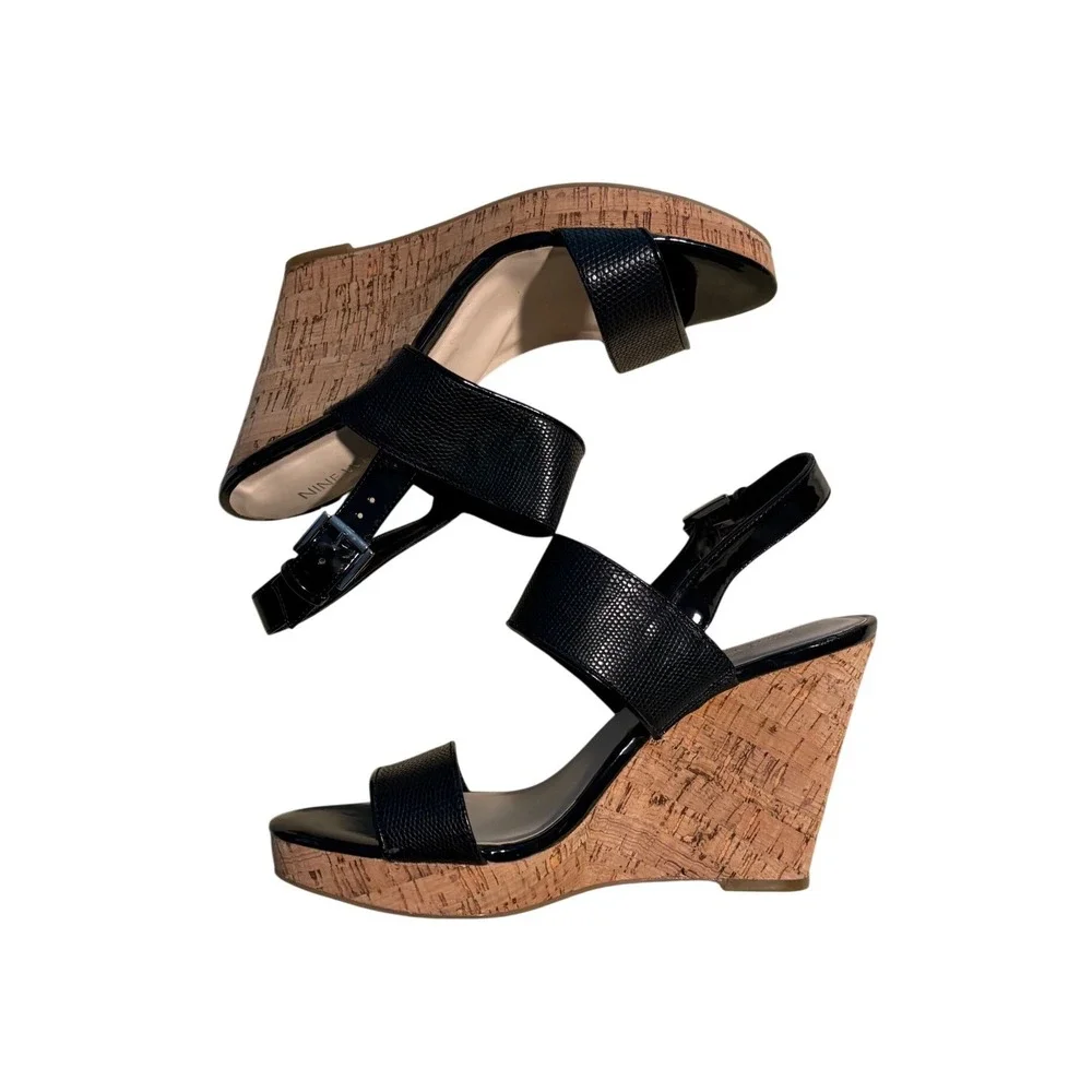 Nine West Lucini Black Snakeskin Patent Cork Wedge Sandals Womens 8.5 M